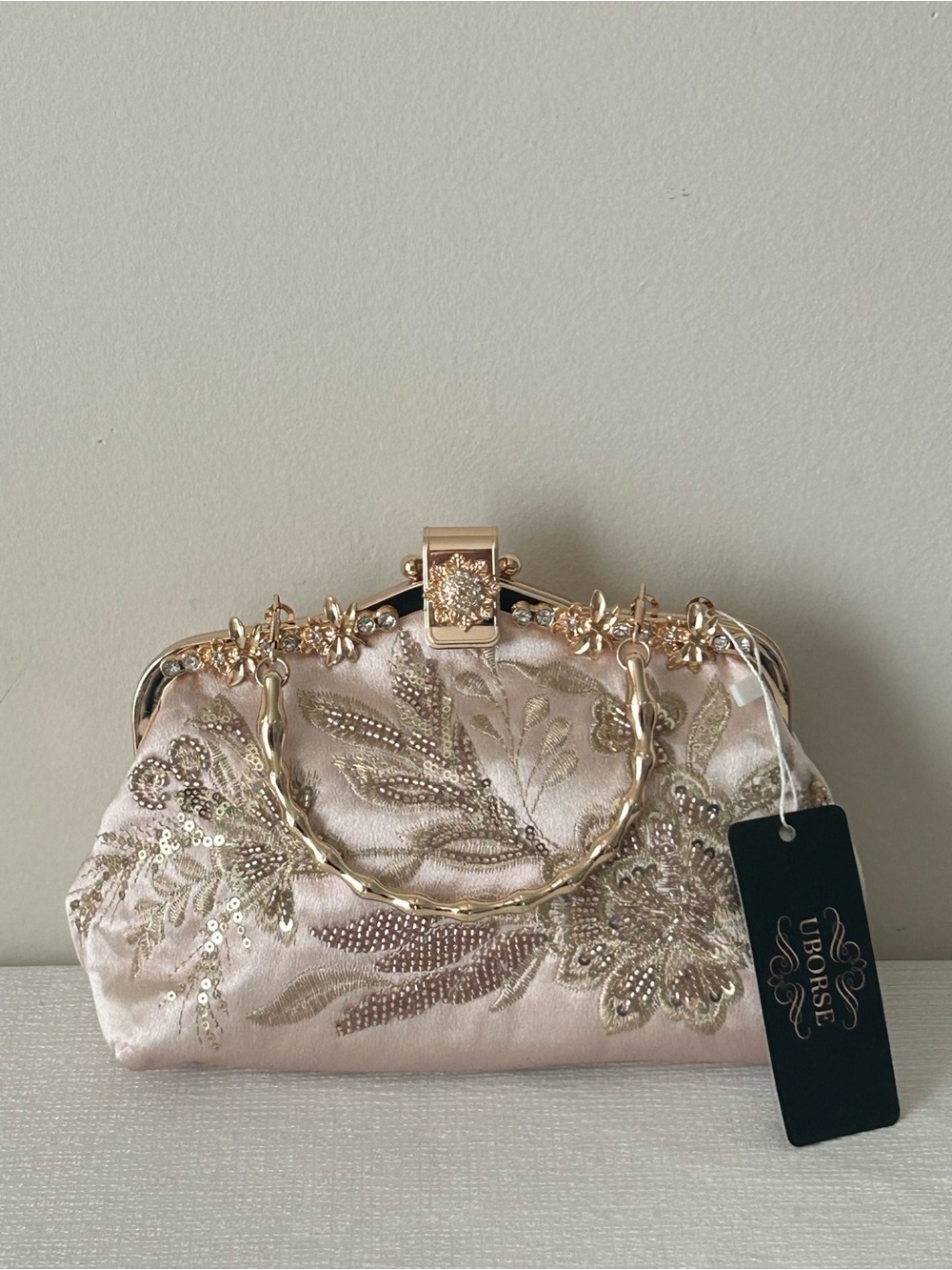 Evening clutch hand made embroidery details - cream beige and gold